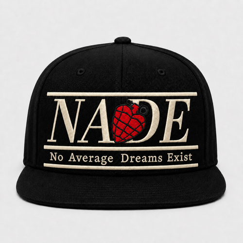 NADE all-black snapback with cream embroidered logo and red grenade emblem