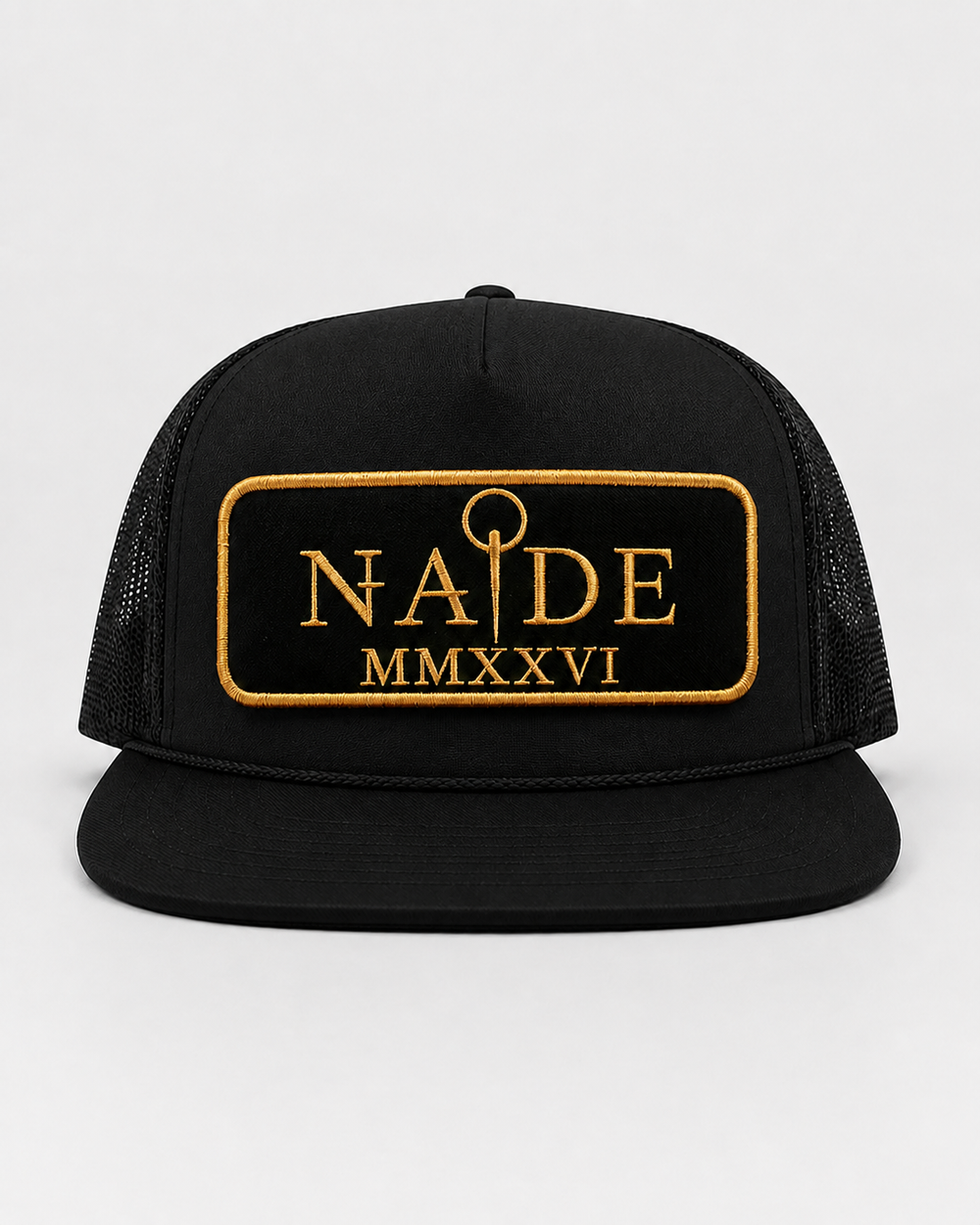 NADE black trucker cap with black and gold embroidered patch