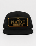 NADE black trucker cap with black and gold embroidered patch