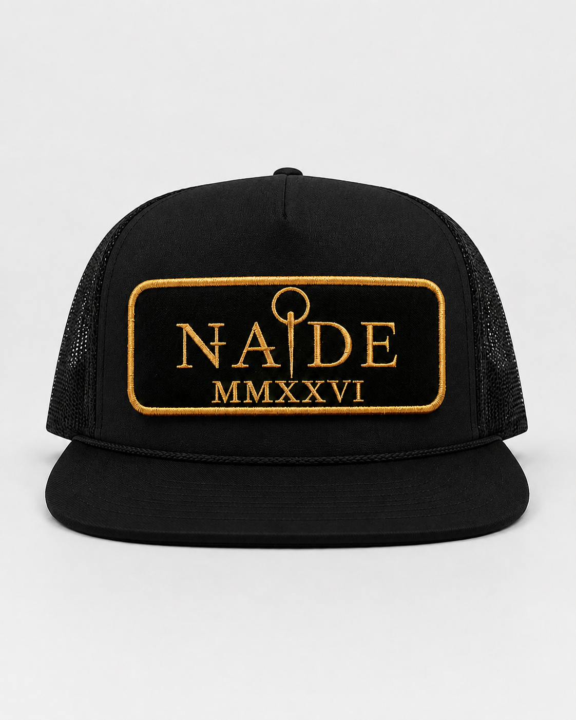 NADE black trucker cap with black and gold embroidered patch