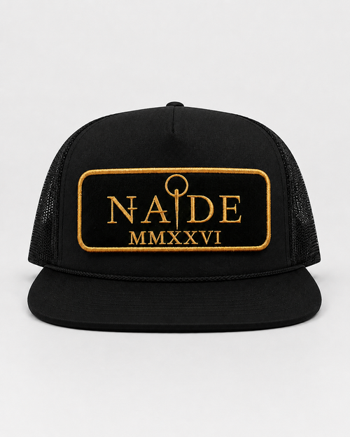 NADE black trucker cap with black and gold embroidered patch
