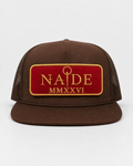 NADE brown trucker hat with red and gold embroidered patch