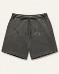 NADE MMXXVI Distressed Shorts — Charcoal product view on warm off-white background
