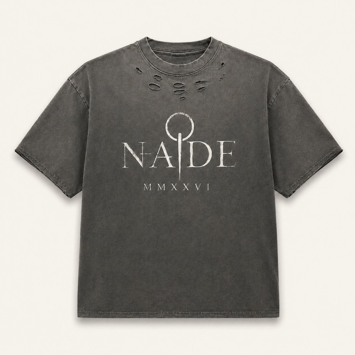 NADE MMXXVI Distressed Tee — Washed Charcoal product view on warm off-white background