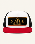 NADE MMXXVI Trucker Hat product view on warm off-white background