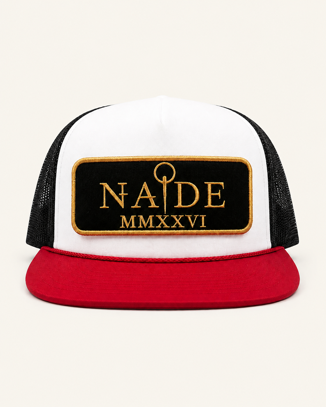 NADE MMXXVI Trucker Hat product view on warm off-white background