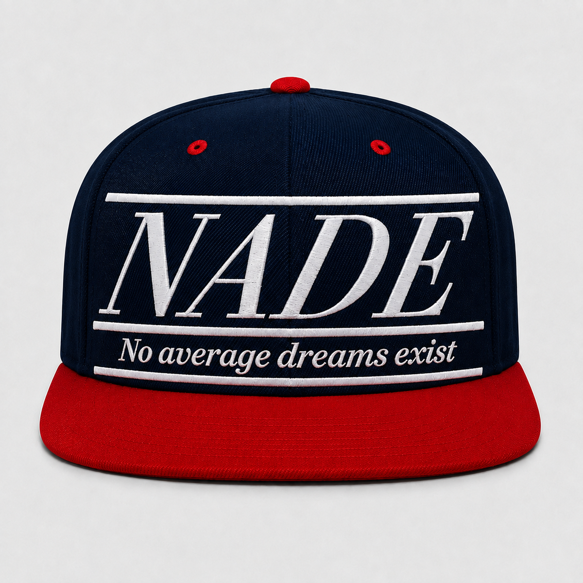 NADE navy blue snapback with red bill and enlarged white embroidered logo