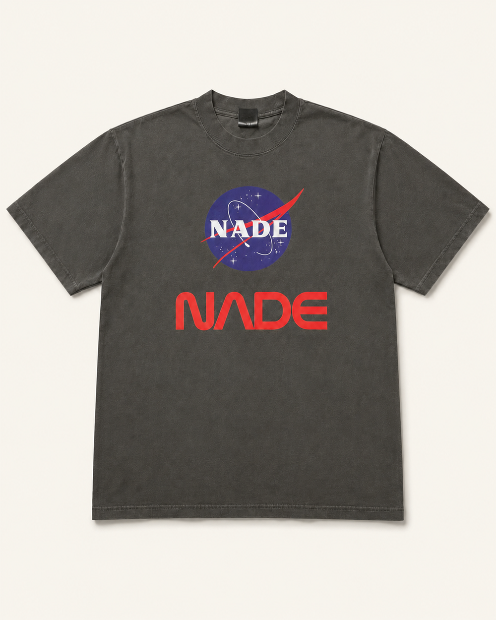 NADE Space Program Tee — Charcoal product view on warm off-white background