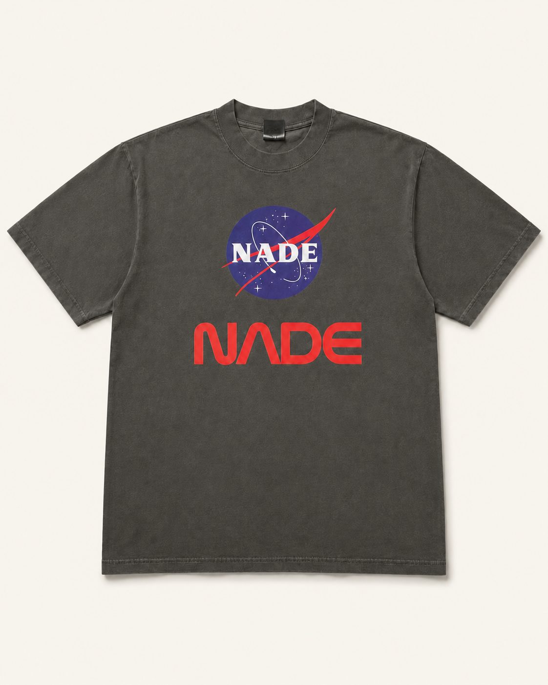 NADE Space Program Tee — Charcoal product view on warm off-white background